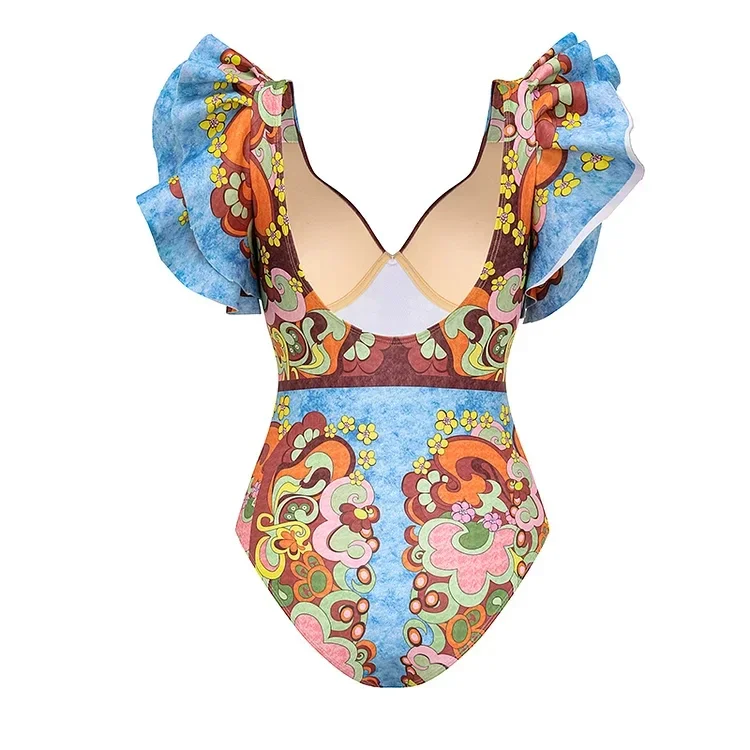 FLAXMAKER-Conjunto de traje de baño de una pieza, Bañador estampado con volantes y cuello en V, Monokini, Vestido de playa