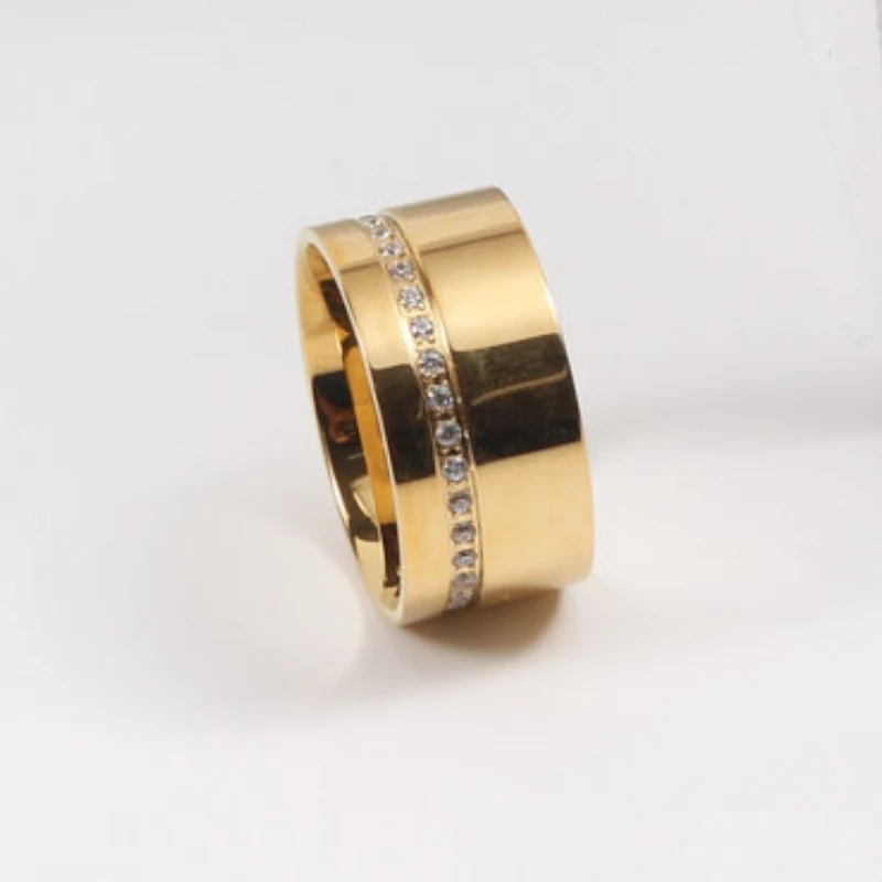 New Fashion Gold Color Shinny Zircon Width Ring for Women Stainless Steel Ring Gold Plated Jewelry