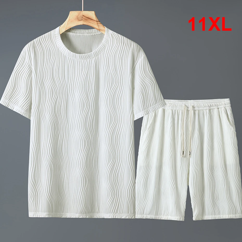 Summer Solid Color Suits Men Plus Size 10XL 11XL Sets Fashion Casual T-shirt Shorts Male Big Size