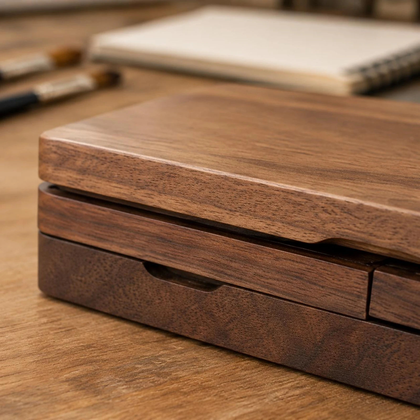 Paint Box with Wells Flat Profile Wooden Paint Box Rectangular Vintage Design for Artists, Travel