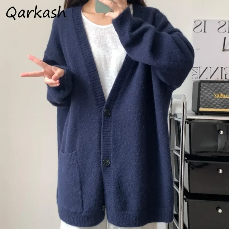 

Knitted Cardigans Women Single Breasted Loose Fashion Korean Style College Students V-neck All-match Simple Knitting Sweaters