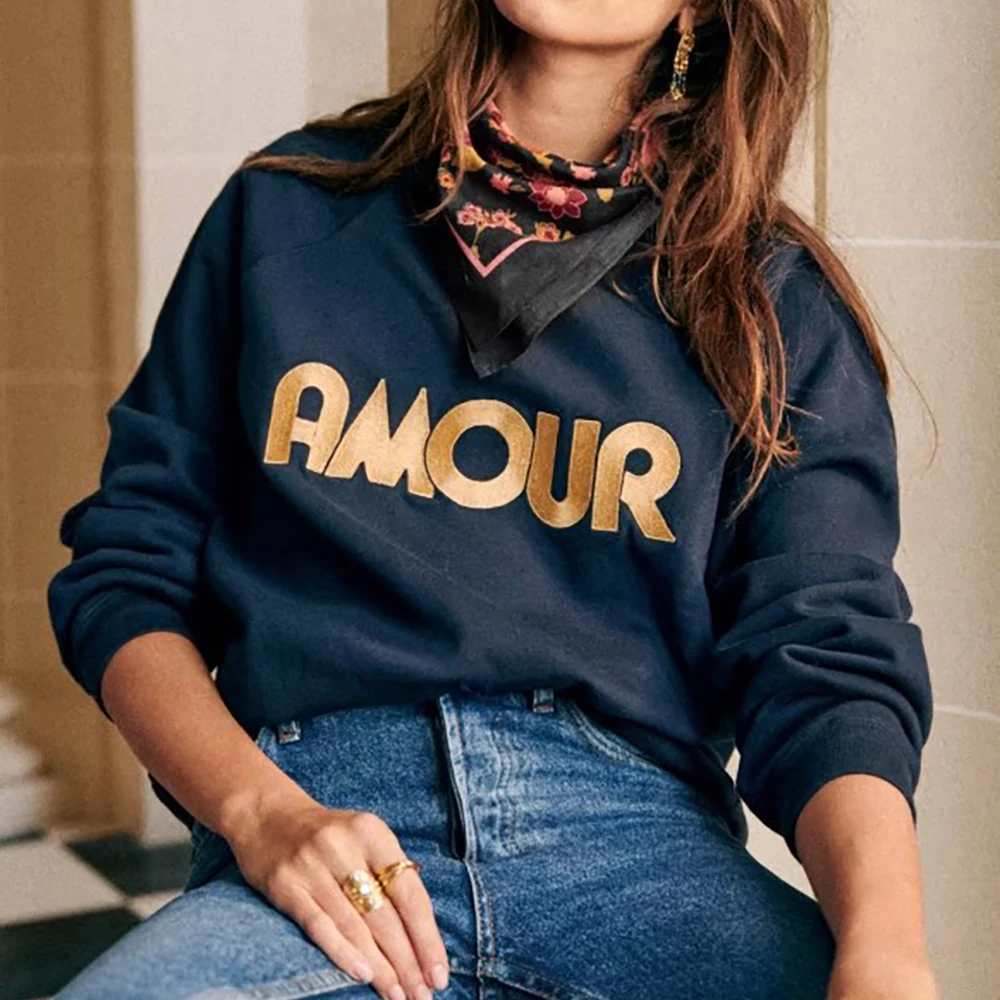 ZESSAM Classic Amour Embroidery Letter Sweatshirt Women Wnter O-Neck Long Sleeve Female Pullover Vintage Casual Lady Top 2023