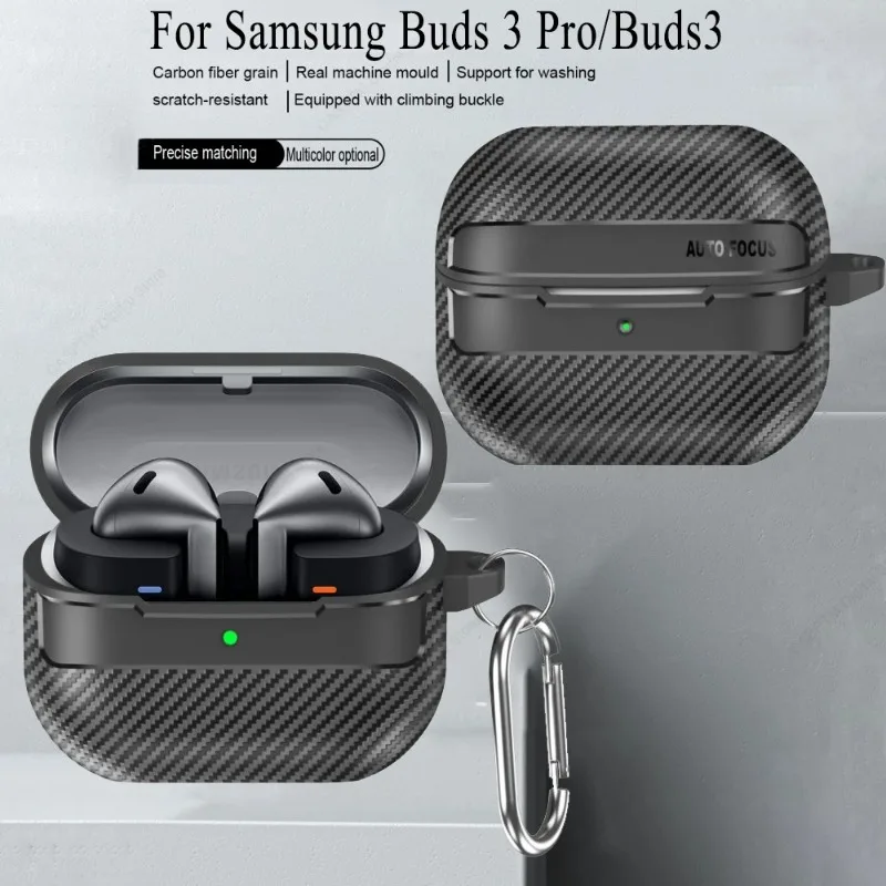 2024 جديد غطاء من البولي يوريثان الحراري لسامسونج غالاكسي براعم 3 برو الطنانة 3 برو Buds3 برو حافظة ألياف الكربون نمط PC الحالات الواقية مع هوك