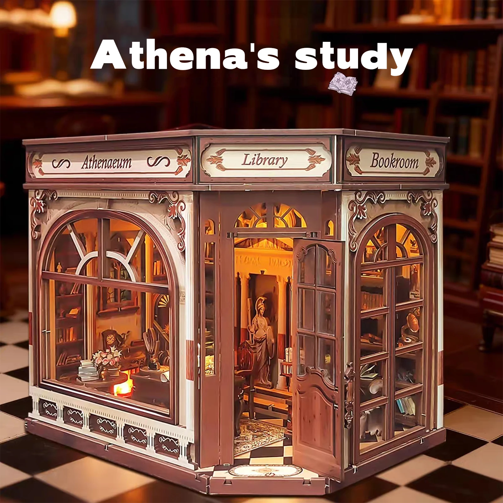 3d wooden puzzle for adults Athena's Study of Wisdom book nook with lights model kit dollhouse DIY miniature house Birthday and