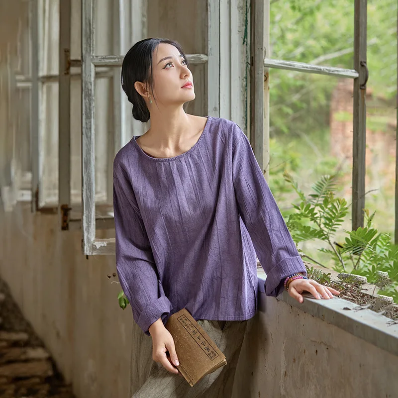 

Ruffled Fashion Round Neck Shirt Handmade Tie-Dye Bottom Shirt Literary Hundred Women's T-Shirt Chinese Style Cotton Linen