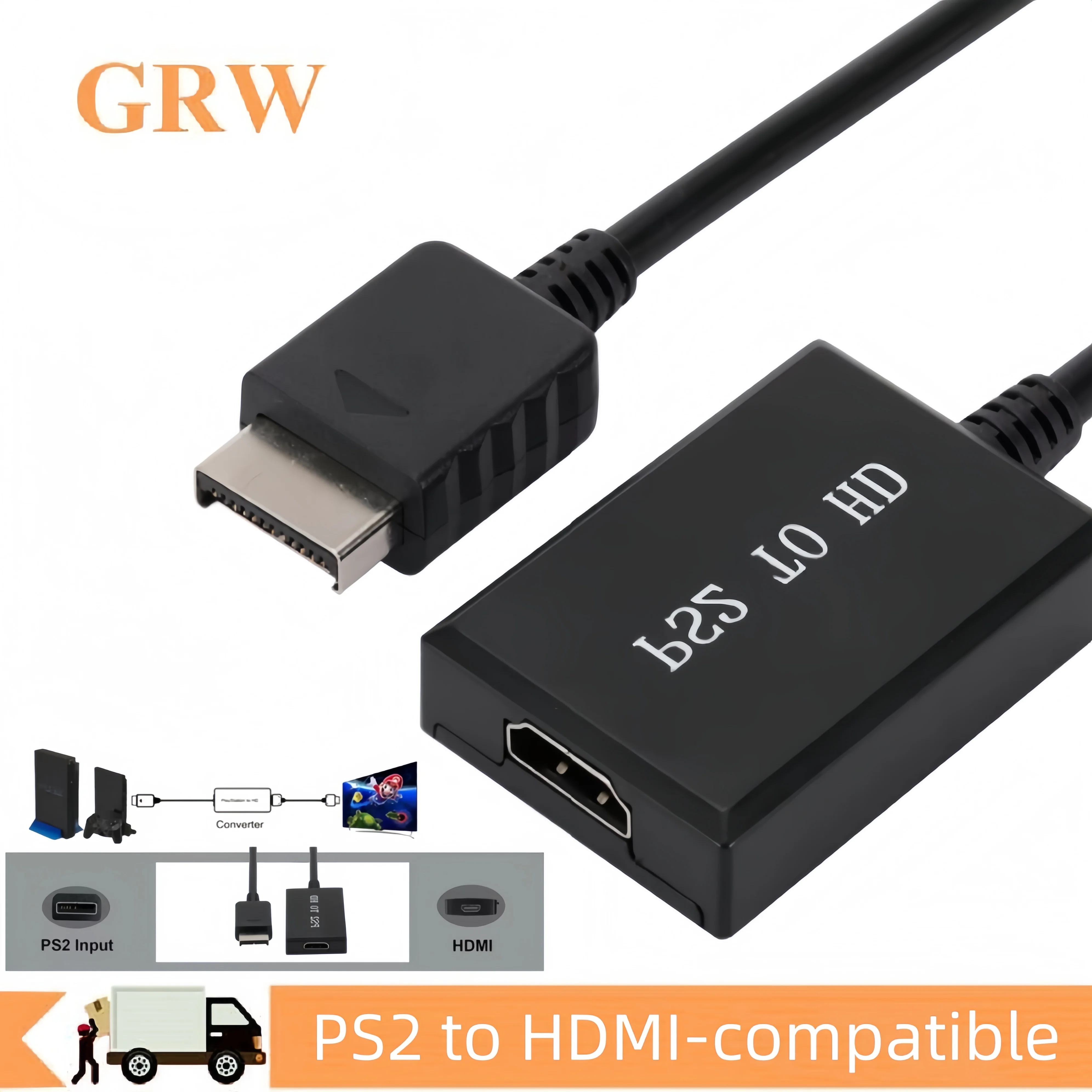 1080P PS2 to HDMI-compatible Converter 480i/480p/576i PS2 to HDMI Audio Video Adapter Cable Supports PC All PS2 Display Modes