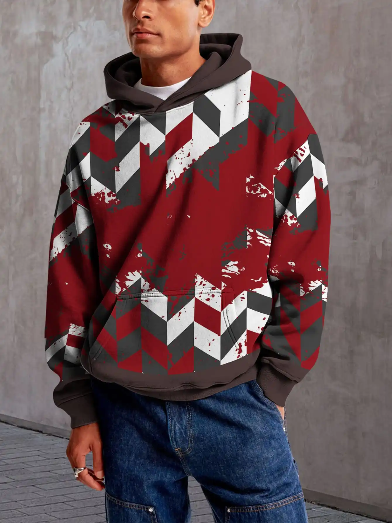 

Simple Style 3D Printed Hooded Red and White Stitching Pattern Hooded Sweatshirt Casual Street Style Pullover Hoodie Top