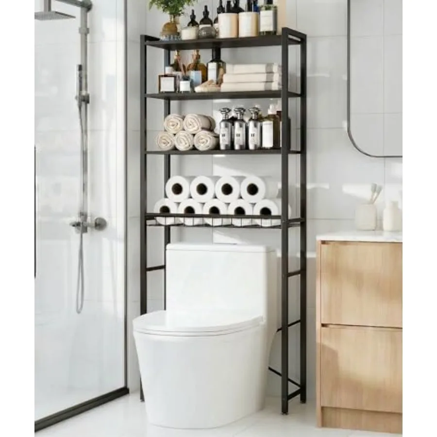 

4-Tier Over-the-Toilet Storage Rack with One-Piece Wooden Shelves and Open Net Basket, Bathroom Organizer with Adjustable Feet