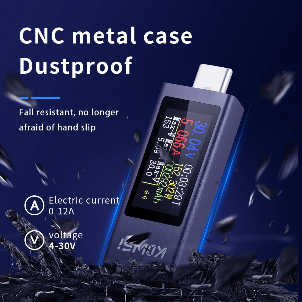 Type-C Multi-function Digital Display DC Voltage Ammeter Power Meter Cell Phone Charging Tester DC 4-30V 0-12A Battery Test