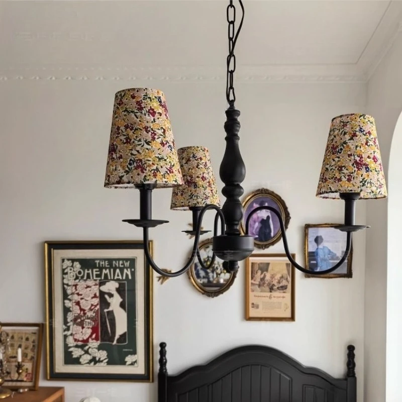 French Floral Fabric LED Ceiling Chandeliers Black Wrought Iron Hanging Lamp Living Room Bedroom Restaurant Hotel Pendant Light