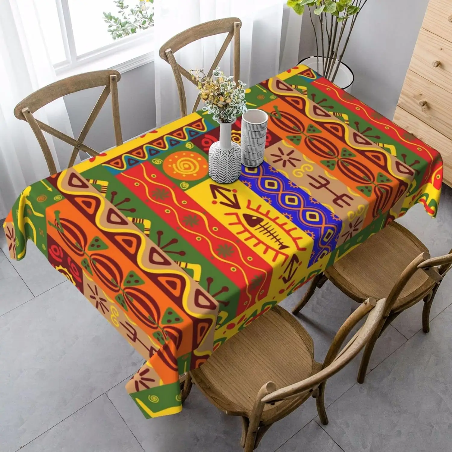 African Tribal Print Rectangle Tablecloth Holiday Party Decoration Washable Farmhouse Kitchen Table Cloth for Dining Party Decor