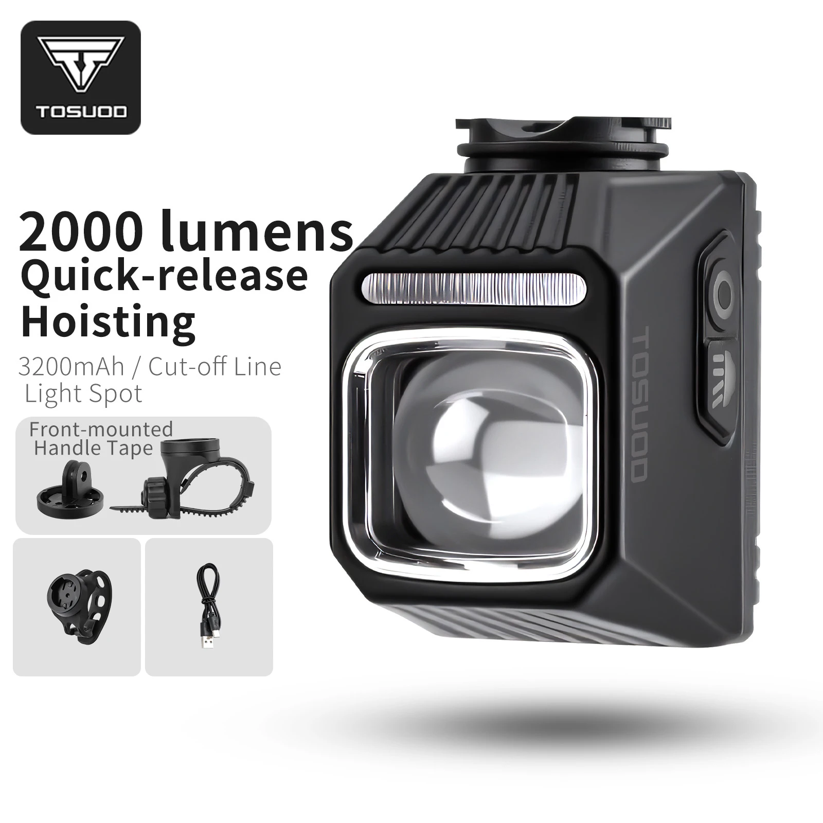 Image of TOSUOD Fahrradscheinwerfer, 2000 Lumen, 3200 mAh, Stromversorgung, Typ C, Aufladen, Fahrrad-LED-Taschenlampe, wasserdicht, 6 Modi, Fahrradscheinwerfer