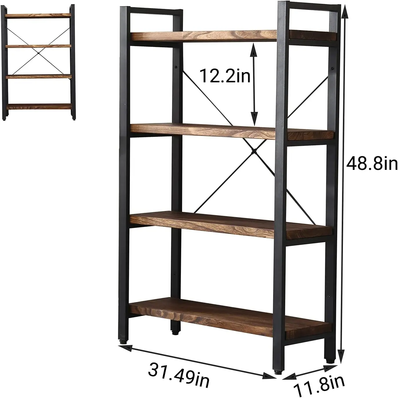 Wood Bookshelf,4 Tier Rustic Vintage Industrial Etagere Bookcase, Open Metal and Wood Vintage Book Shelf, Retro Brown