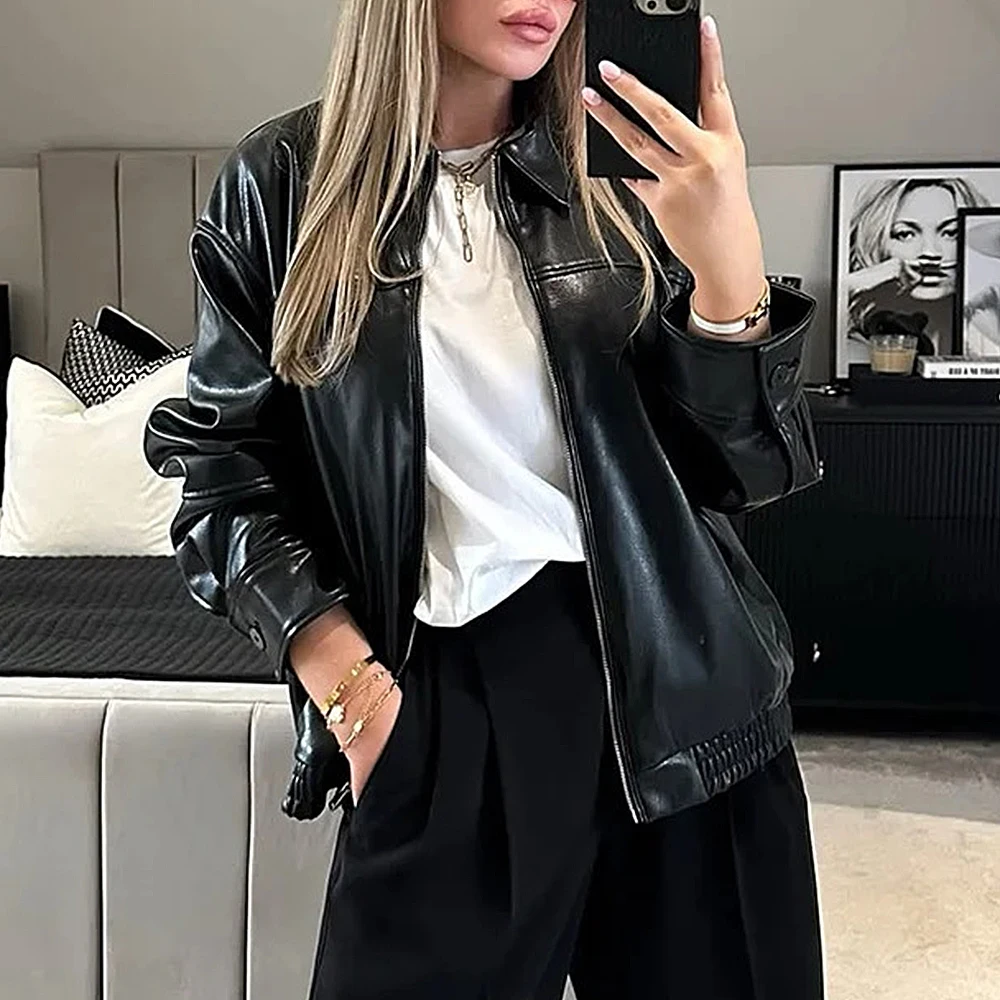 سترة طيار عصرية ملابس خارجية ملابس نسائية جلدية محاكاة تجارة النمط الأوروبي والأمريكي #3