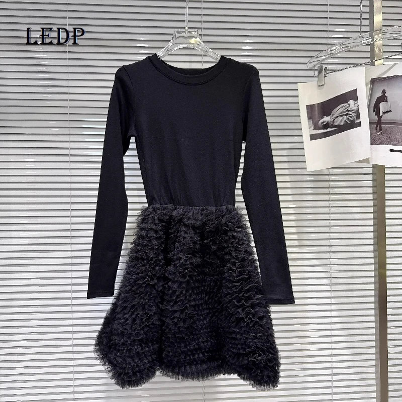 

Retro Design Black Round Neck Splicing Women's Mesh Dress 2026 Spring New Fashion Temperament Long Sleeve T-shirt Dresses Ladies