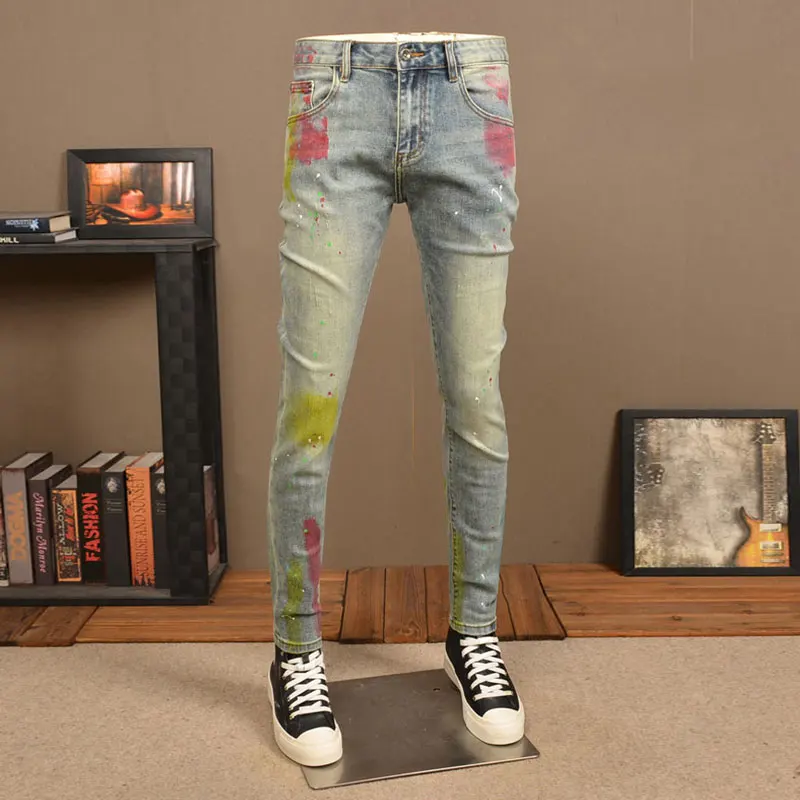 Street Fashion Mannen Jeans Retro Gewassen Blauwe Stretch Skinny Fit Gescheurde Jeans Mannen Geschilderde Designer Hiphop Denim Potlood Broek