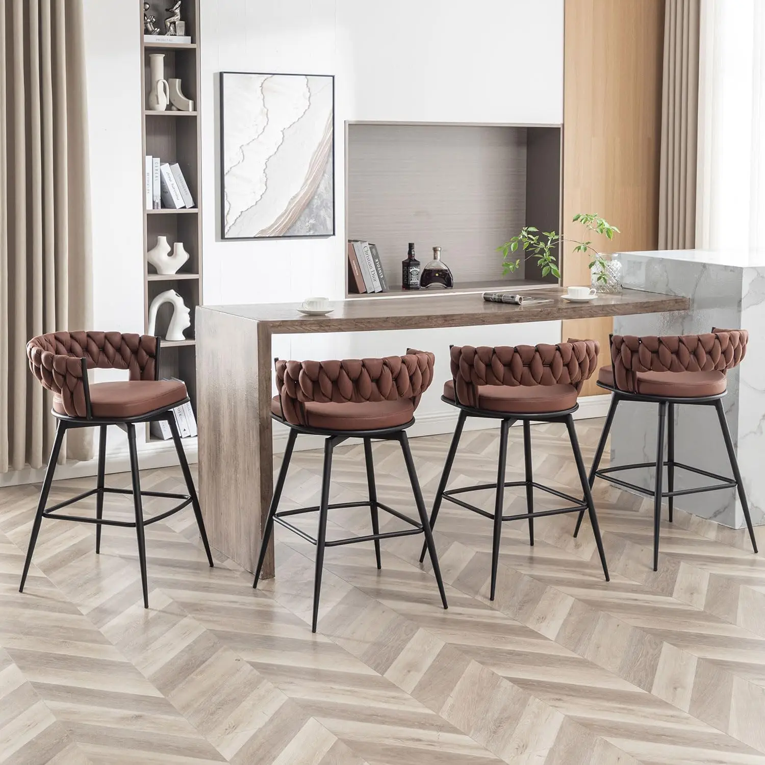 

Набор поворотных табуретов высотой 26 дюймов из 4 кухонных барных стульев с плетеной спинкой, по индивидуальному заказу