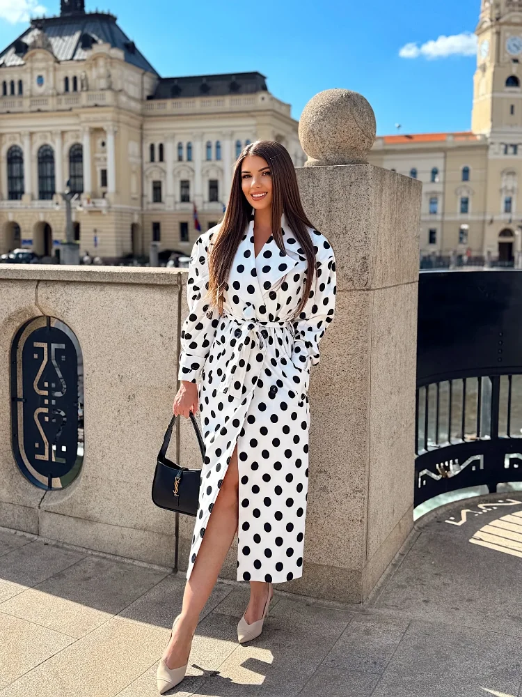 

Leisure Lace Up Polka Dot Long Windbreaker Fashion Chic V-neck Waist Cinched Casual Coat Autumn Daily Commuting Street Outerwear