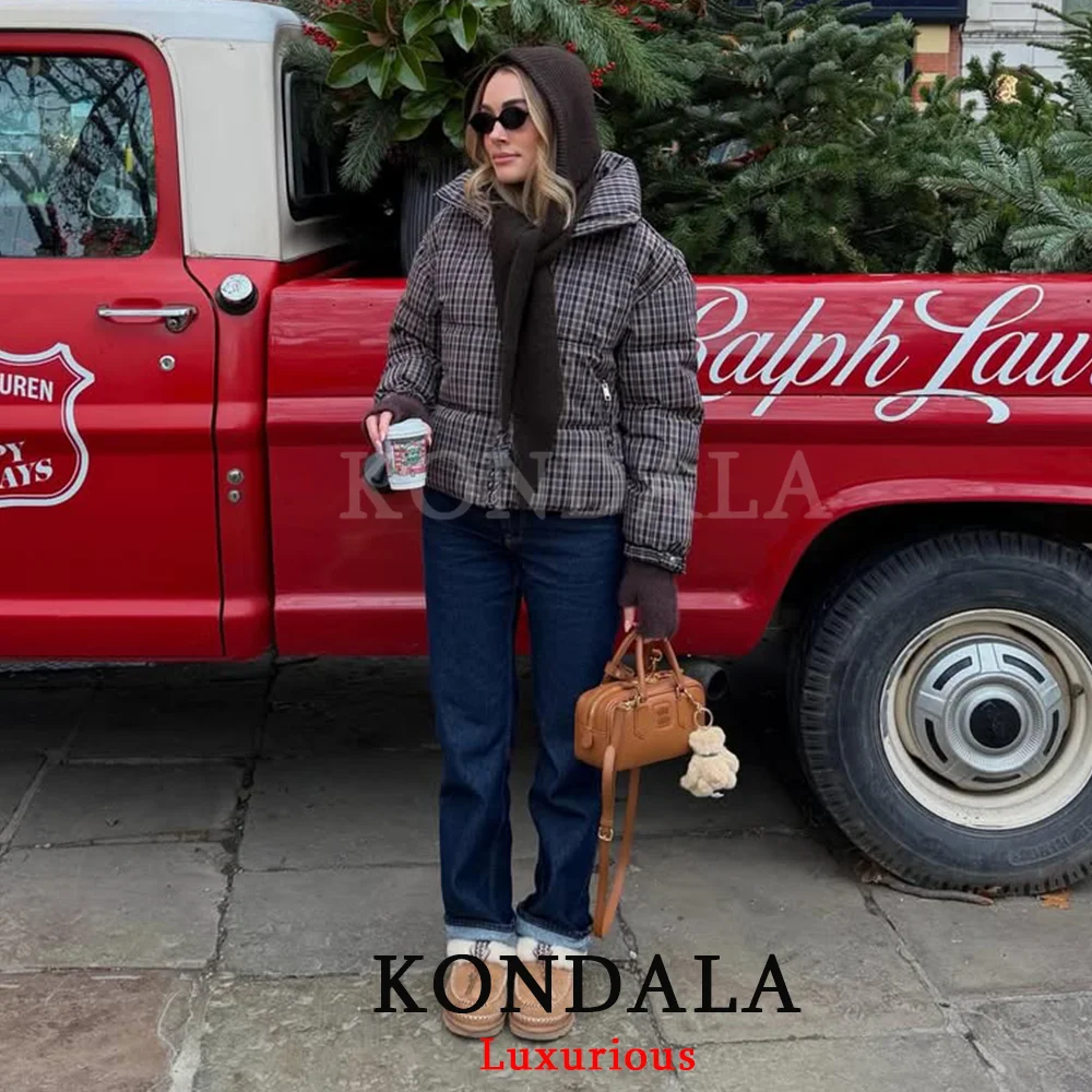 KONDALA Casual Chic Plaid Padded Coats Women Long Sleeve Zipper Pockets Jackets Fashion 2026 Spring Autumn Thick Warm Women Coat