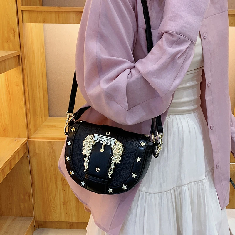 

2024 New Solid Color Retro Women's Bags PU Material Sense Half Round Phone Wallet Saddle Bag Simple Hundred Shoulder Handbag