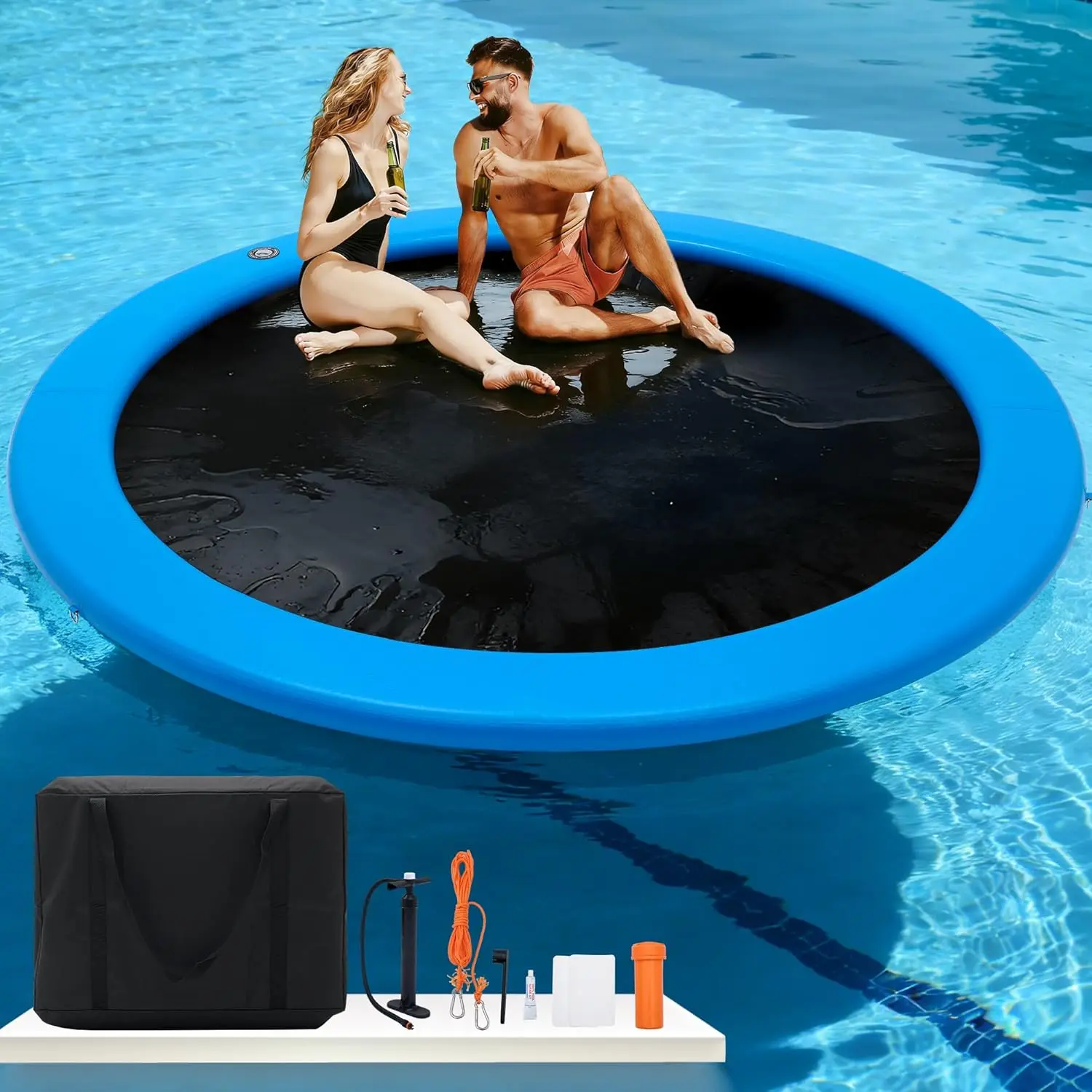 Portable Floating PVC Water Hammock with Mesh Float Swimming Lounger Pool Inflatable 8Ft-12Ft Round Dock Float Ring Float Raft