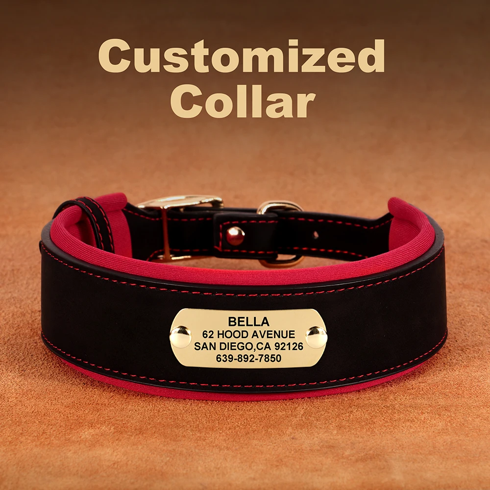 Personalisiertes breites Hundehalsband aus PU-Leder, individuelle Hundehalsbänder, gepolstertes Haustierhalsband für kleine, mittelgroße und große Hunde, Pitbull Buldog – Detail 13
