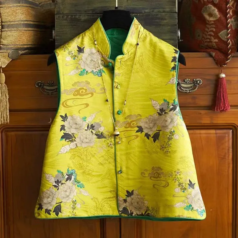 

Improved light Chinese style vest with imitation silk jacquard brocade for both front and back wearing vests jaqueta feminina