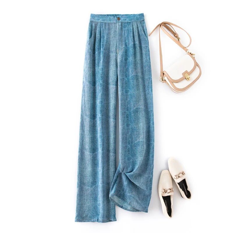 New Summer Denim Texture Crepe De Chine Silk Pants Women's Loose Straight Tube Pants Mulberry Silk Versatile Casual Pants