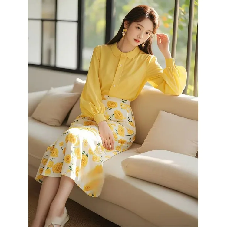 Ele jaune Rose imprimé irt et jupe Ensemble femme Faion automne hiver tenue longue Sve Smart Ensemble décontracté