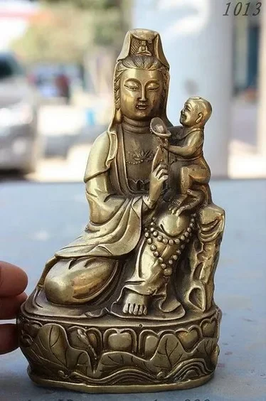 

8" Collect Buddhism Brass Kid Lotus GuanYin Kwan-yin Goddess Buddha Bead Statue