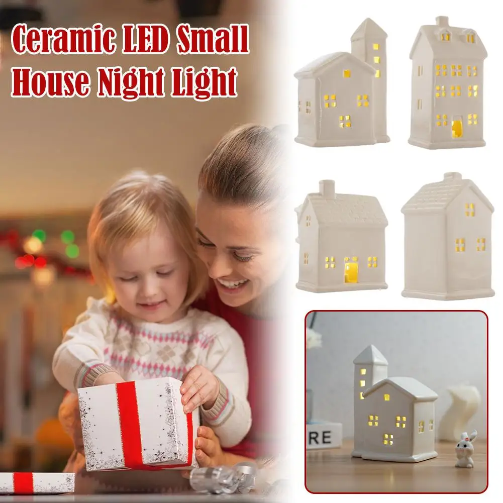 ใหม่ High-end Christmas Tree House เครื่องประดับเซรามิค Creative Luminous Snow House คริสต์มาสฉากขนาดเล็กตกแต่งเดสก์ท็อป Ornamen