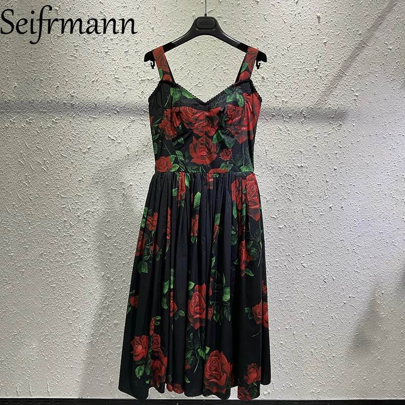 Seifrmann Casual printed cotton suspender dress square neck sleeveless waist mid-length dress 2026 autumn women's new style