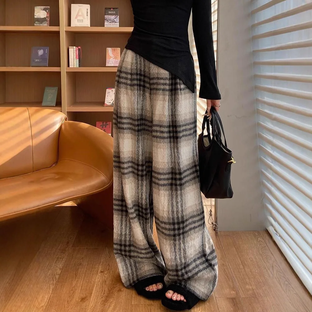 Korean Style Woolen Plaid For Women, Autumn And Winter Thickened 2026 New Straight Casual High Waist Loose Lazy Floor-Length
