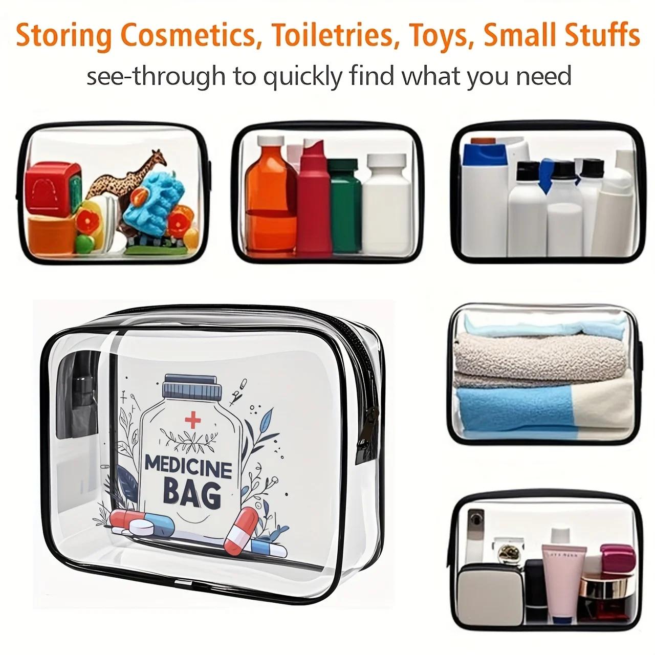 1pc Clear Makeup Bag Transparent Travel Toiletry Pouch TSA Airport Gym Wash Organizer Zipper Cosmetic Handbag With Handle