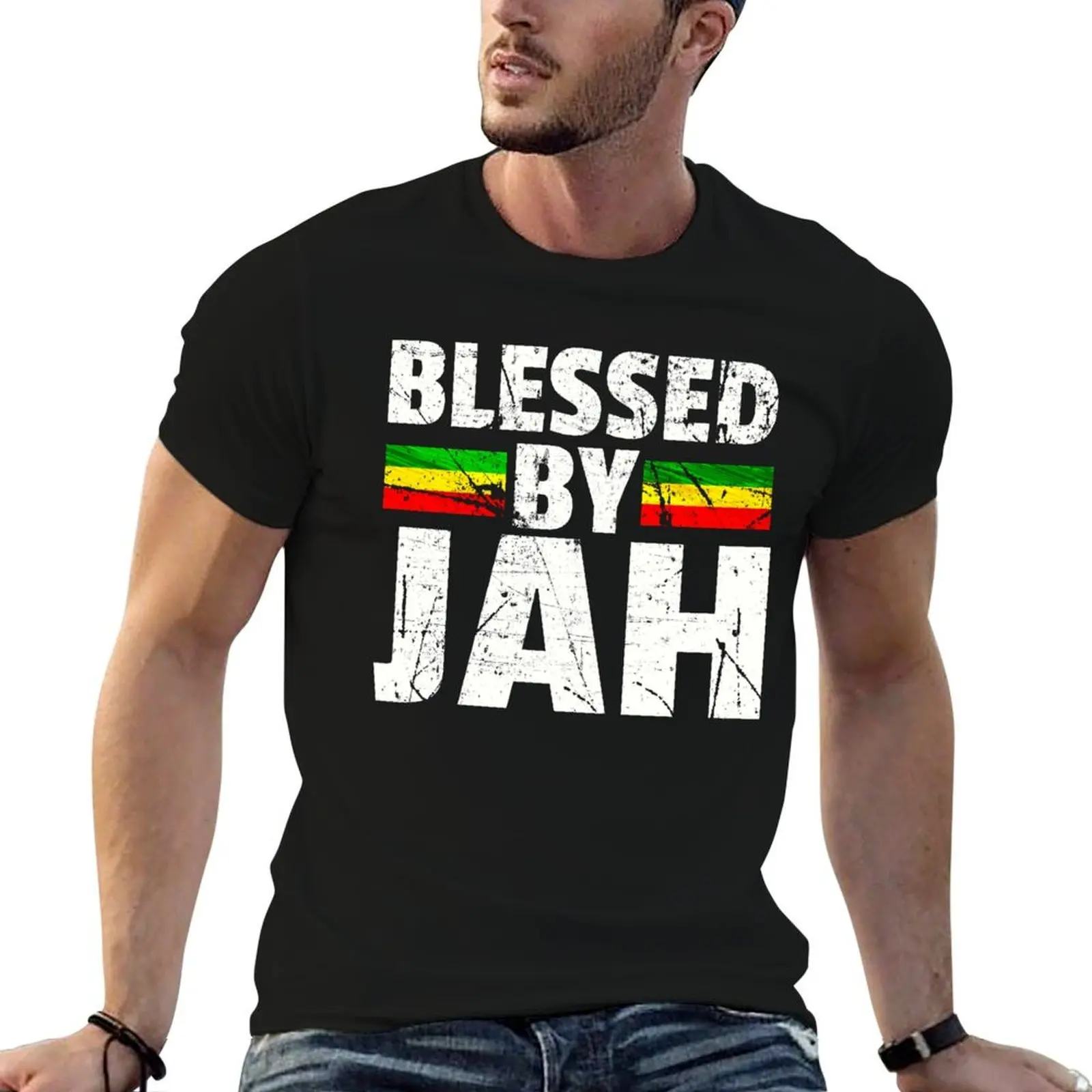 

Blessed by Jah Rasta Reggae graphic Gift Jah Bless print T-Shirt man t shirts for men man t shirt cotton high quality T-Shirt
