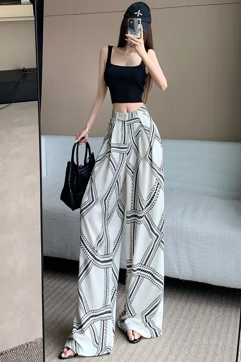 

Women's Summer Casual High Waist Wide Leg Cotton Linen Pants Lady Streetwear Vintage Loose Full Length Straight Pants