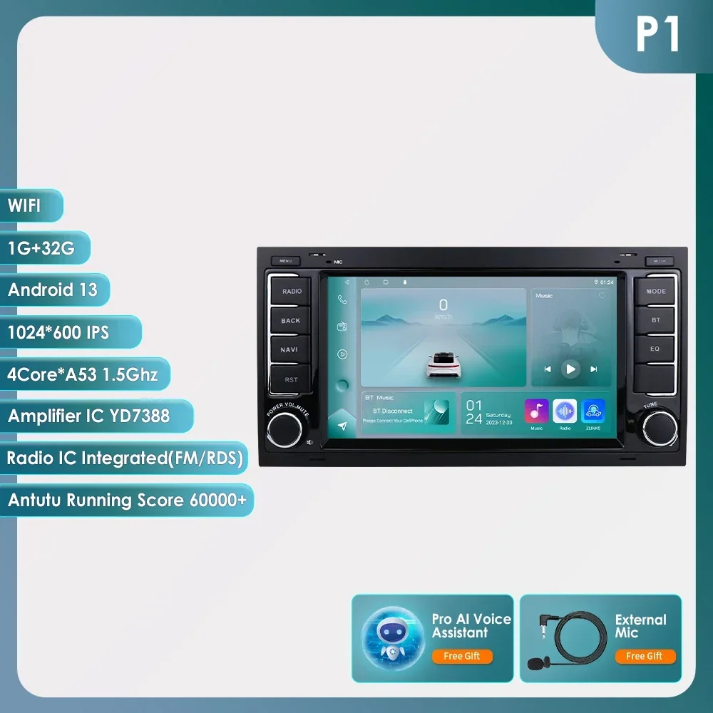 Carplay 4G-LTE 7 ''2Din Android 14 Autoradio GPS voor VW Volkswagen Touareg Transporter T5 Multivan Naviagtion speler Audio WIFI