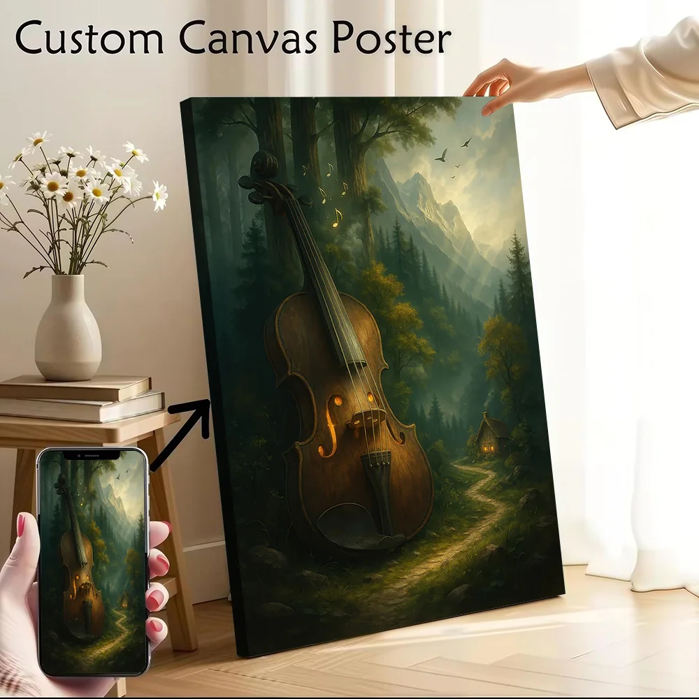 Violin in Forest Landscape Printed Canvas Poster Custom Pictures Wall Art Canvas Painting for Decorative Paintings Wand Deko