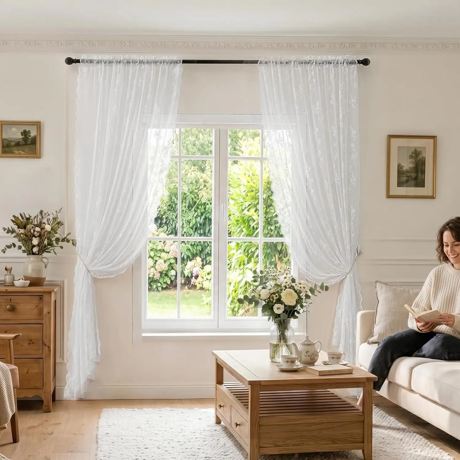 1pc Sheer Lace Curtains 84 Inches Long, Vintage Floral Light Filtering White Lace Curtains for Living Room & Bedroom, Rod Pocket