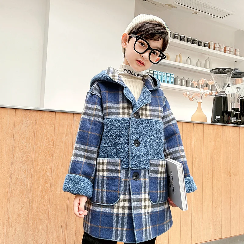 Woolen Coat 2023 Autumn Boys New Casual Hooded Plus Velvet Patchwork Jacket Children'S Outerwear Teenager Clothes High Quality