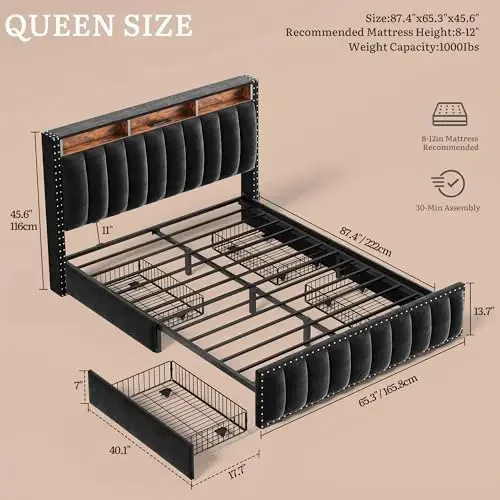 Queen Size Bed Frame with 4 Storage Drawers and RGB LED Lights, Velvet Upholstered Platform Bed with Charging Station - view 2