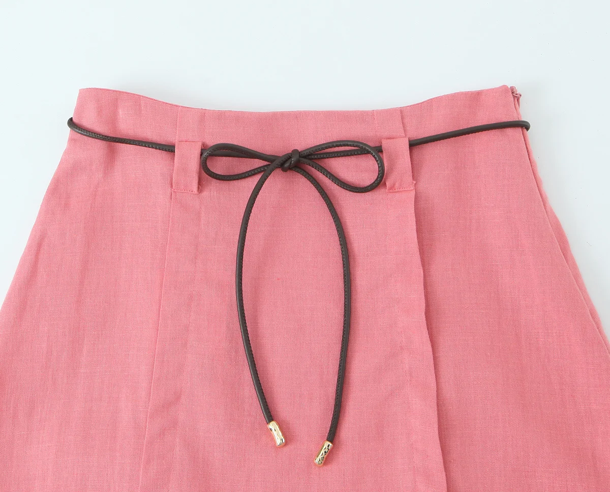 KONDALA Chic Y2K 2025 Pink Holiday Beach Woman Suit Neck-mounted Buttons Slim Top+Lace-up Long Skirt Pleated Summer Female Set
