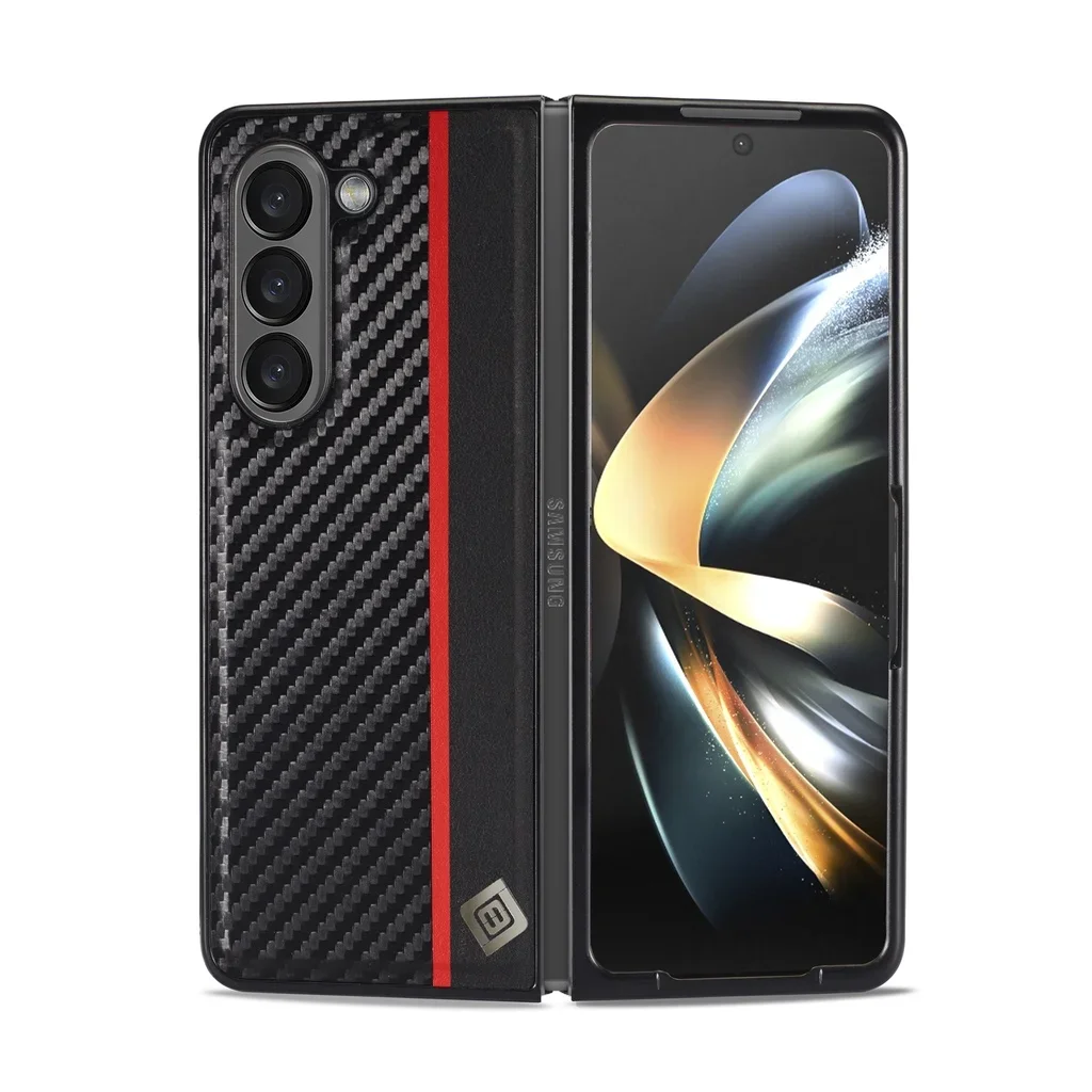 

For Samsung Galaxy Z Fold 6 5 4 3 5G Case Luxury Carbon Fiber Texture PU Leather Shockproof Protective Plastic Back Phone Cover