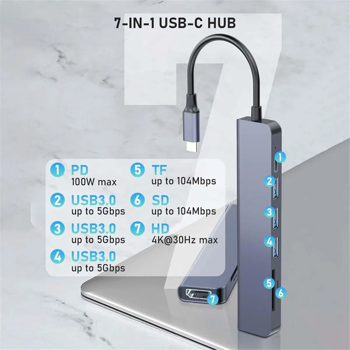 【A75T】 USB C Hub 7 in 1 Type C 3.1 to HDMl-Compatible 1.4 4K@30Hz 100W Fast Charging SD/TF Card Reader for Laptop Computer