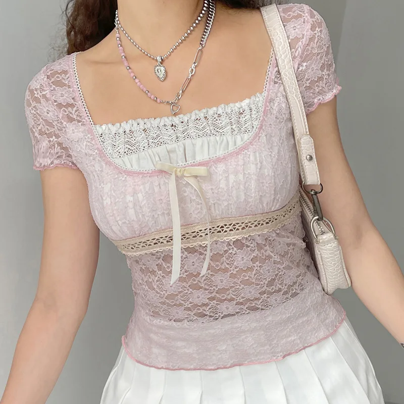 Sweet Girly Pink Lace Patchwork Pullover Jacket, French Square Collar, Lace-up, Slim-Fit T-shirt