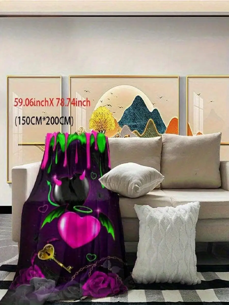pc Vibrant Heart  Key Design Flannel Blanket  Soft Warm AllSeason Throw with Glittery Pink Hearts Green Leaves and Gold Accents