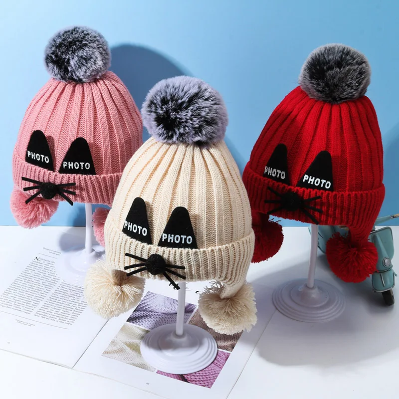 Cute Ear Protection Hat For Kids Baby Warm Beanies Boys Winter Thicken Knitted Hats Fashion Girls Double Ball Cap