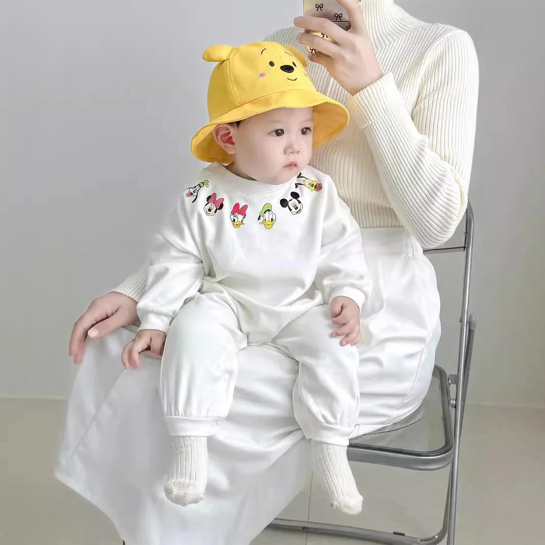 Newborn Baby Boys Long Sleeve Romper+Hat 2pcs Clothes Set Cartoon Mickey Minnie Donald Print Girl Jumpsuit Infant Bodysuit 0-2T