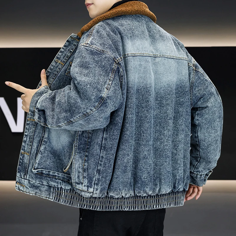 Jaket Denim Lapis Sherpa Fleece Musim Gugur Musim Dingin 2025 Pria Kasual Tebal Mantel Jeans Streetwear Koboi Bulu Hangat Atasan Pakaian