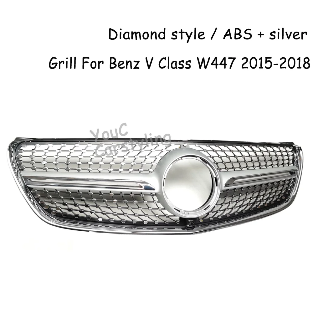 V260 W447 Diamond Front Bumper Grille for Mercedes V Class V250 V220 2015 2016 2017 2018 Grill With Camera +Silver